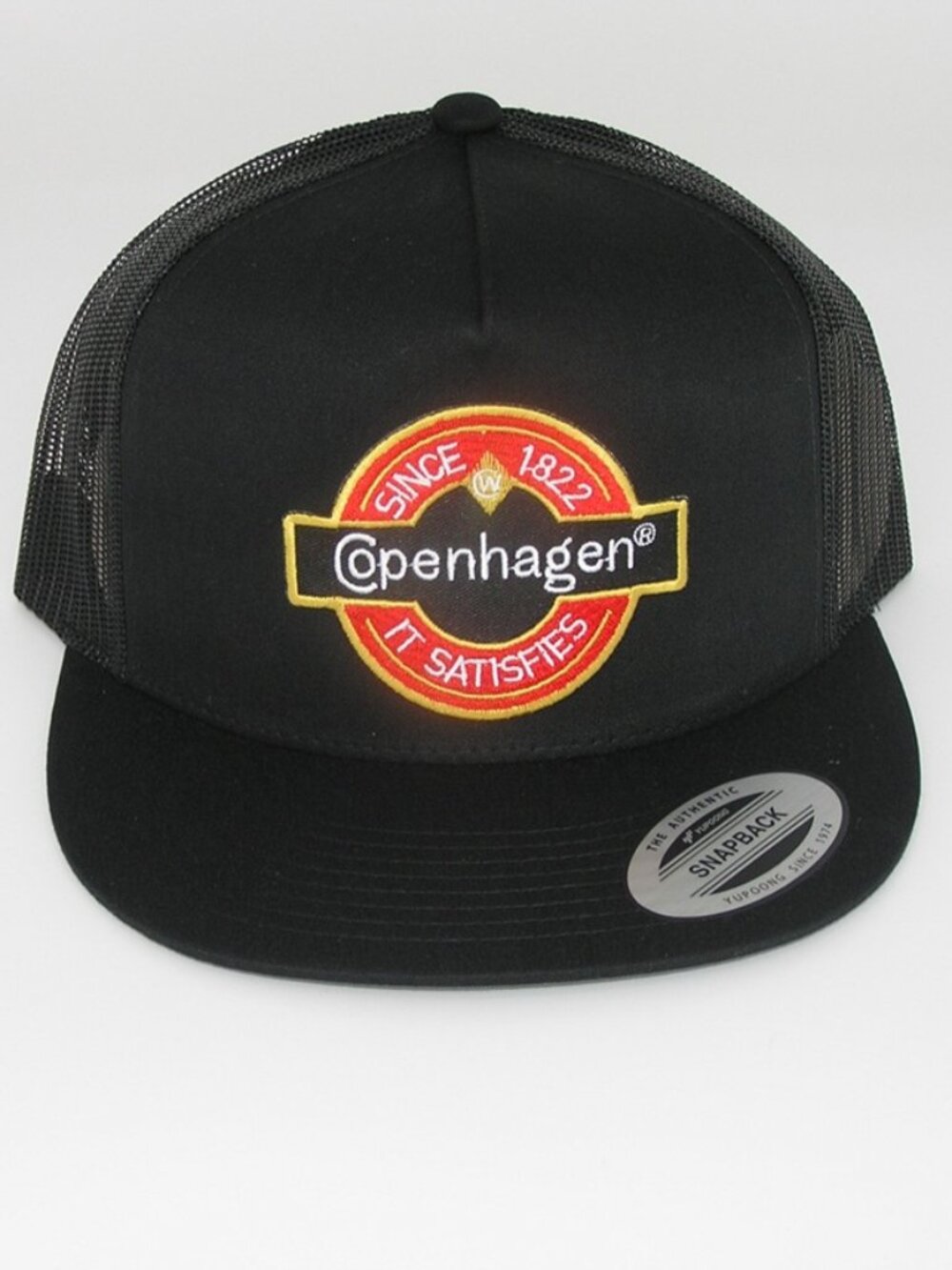 Copenhagen Retro Patch on Trucker Hat Yupoong Classic 6006 Snapback Black/White
